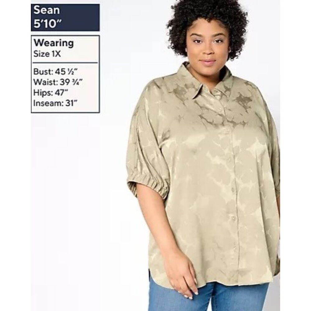 LOGO by Lori Goldstein Olive Green Jacquard Button Front Shirt, NWT! Size XL